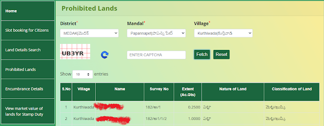 search prohibited land details telangana dharani portal