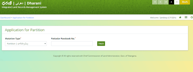 partition application online dharani telangana website